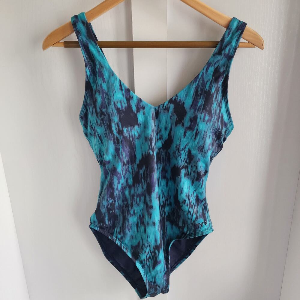 TYR womens size Small One piece SwimSuit Black Navy Teal Space Dye Tie Dye